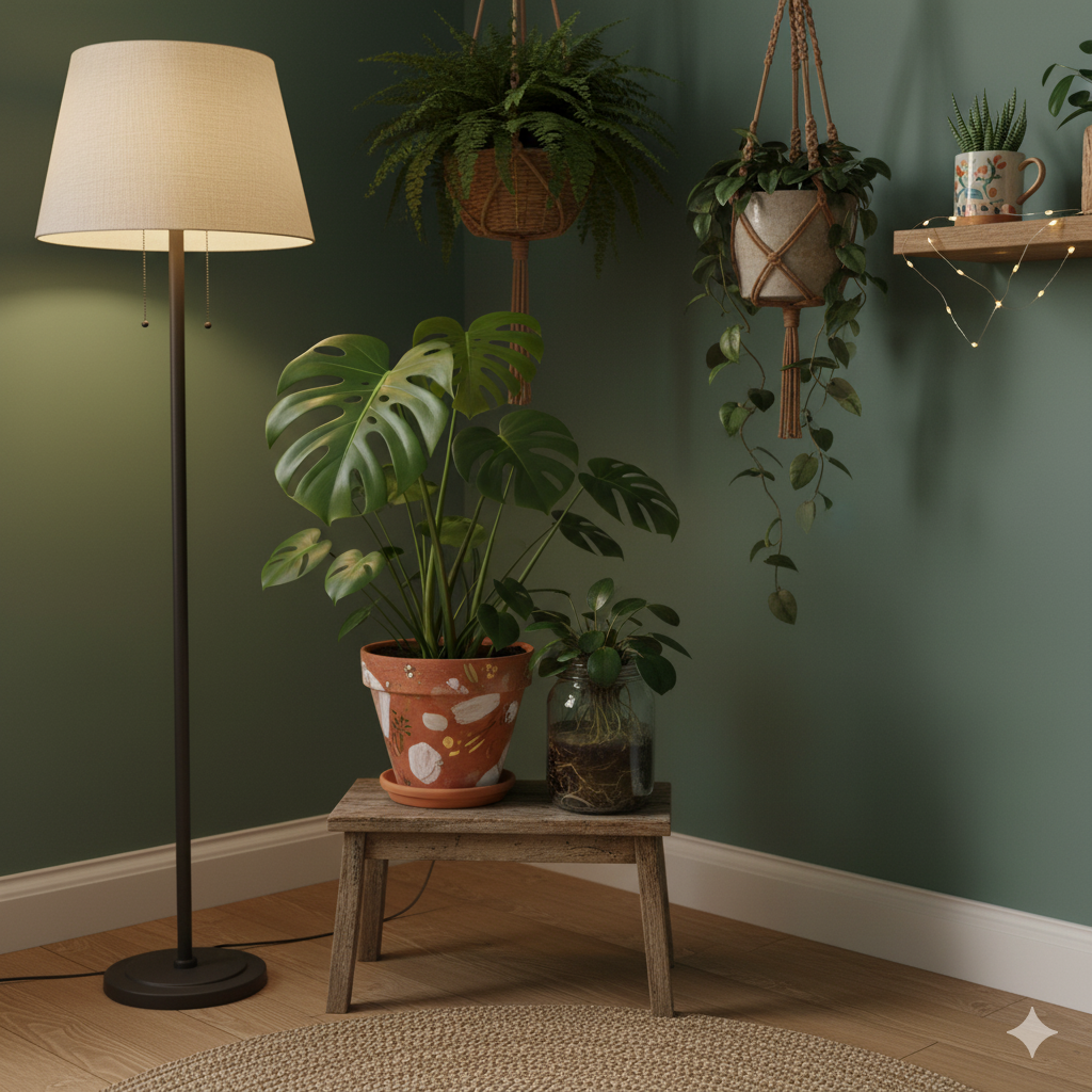 A corner of a room with indoor plants in creative planters Home Interior Design Hyderabad