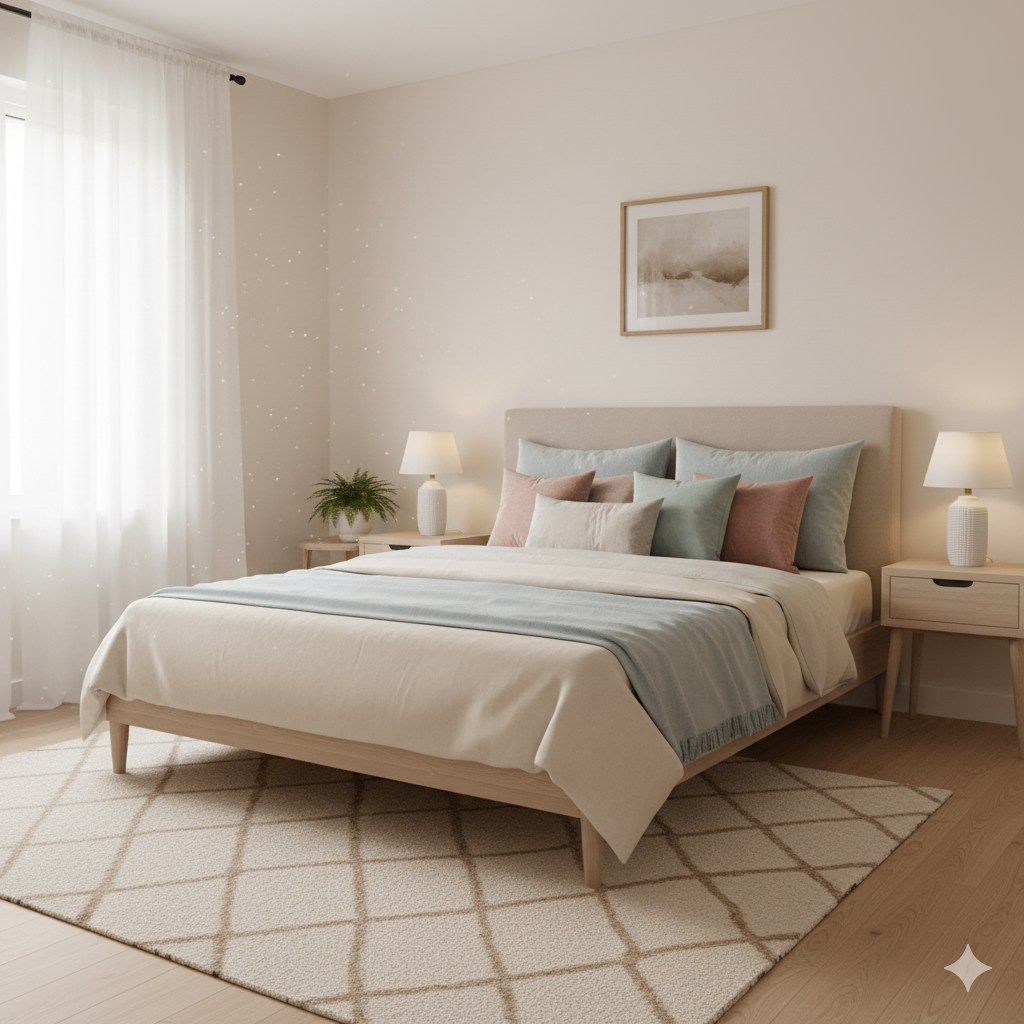 Cream walls, pastel bedding Bedroom Interiors Hyderabad